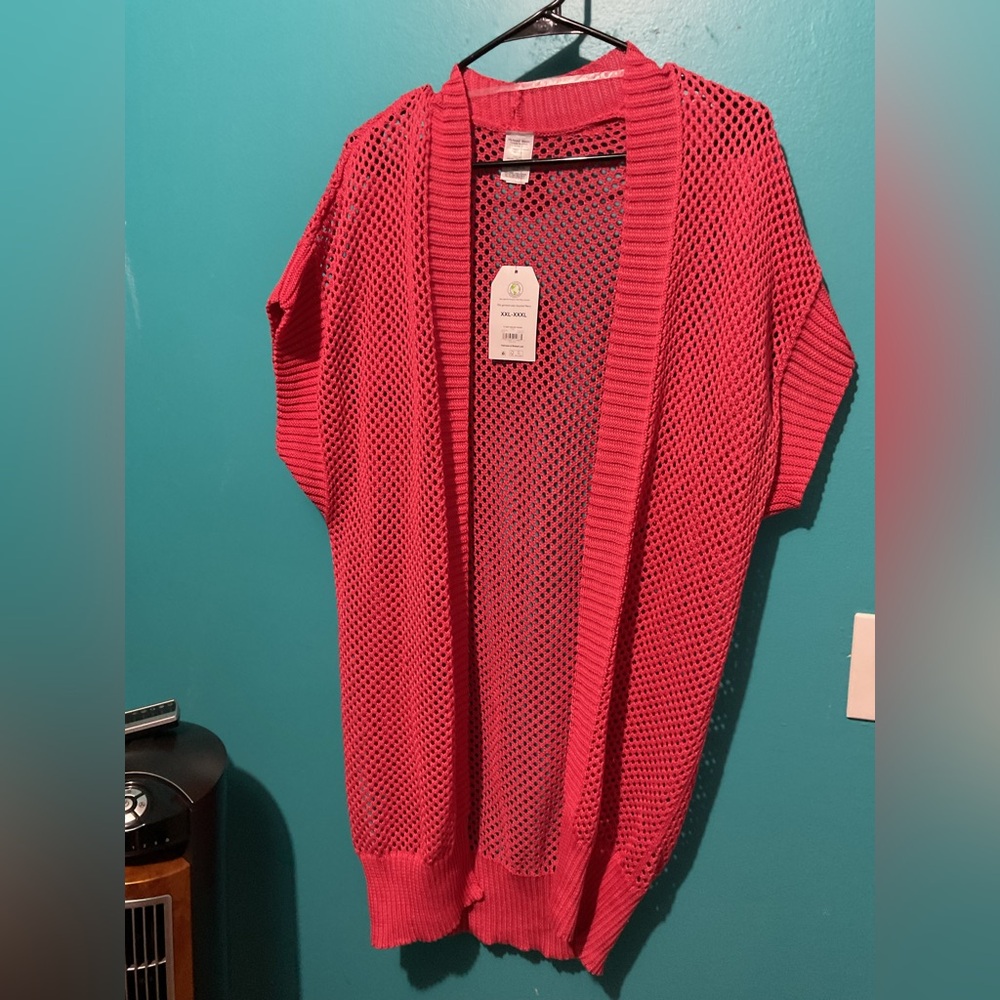 Open-Knit Short Sleeve Cardigan Sweater - red